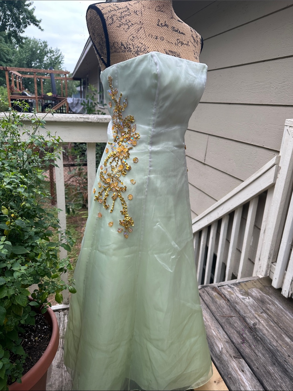 Jump Strapless Light Green Formal Dress with Gold Embellishment
